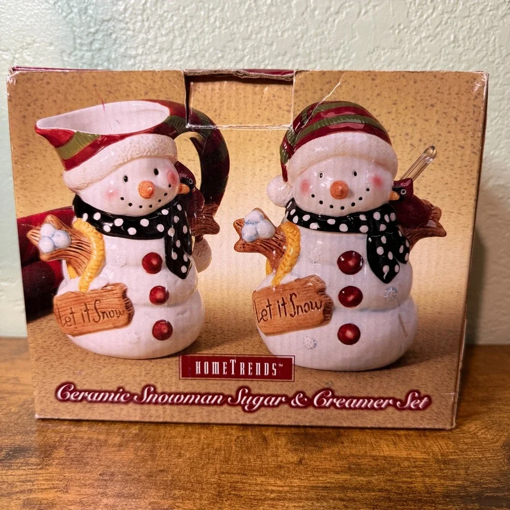 VTG HomeTrends Ceramic Snowman Sugar Creamer Set with Spoon Let‎ It Snow Holiday